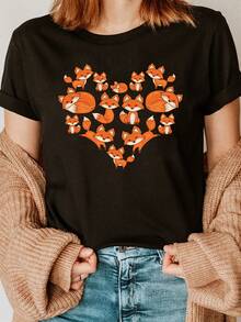 Camiseta Encantadora de Corazón de Zorro - Top Casual de Cuello Redondo y Manga Corta para Mujer, Transpirable y Lavable a Máquina para Primavera y Verano - Negro - Ver 2