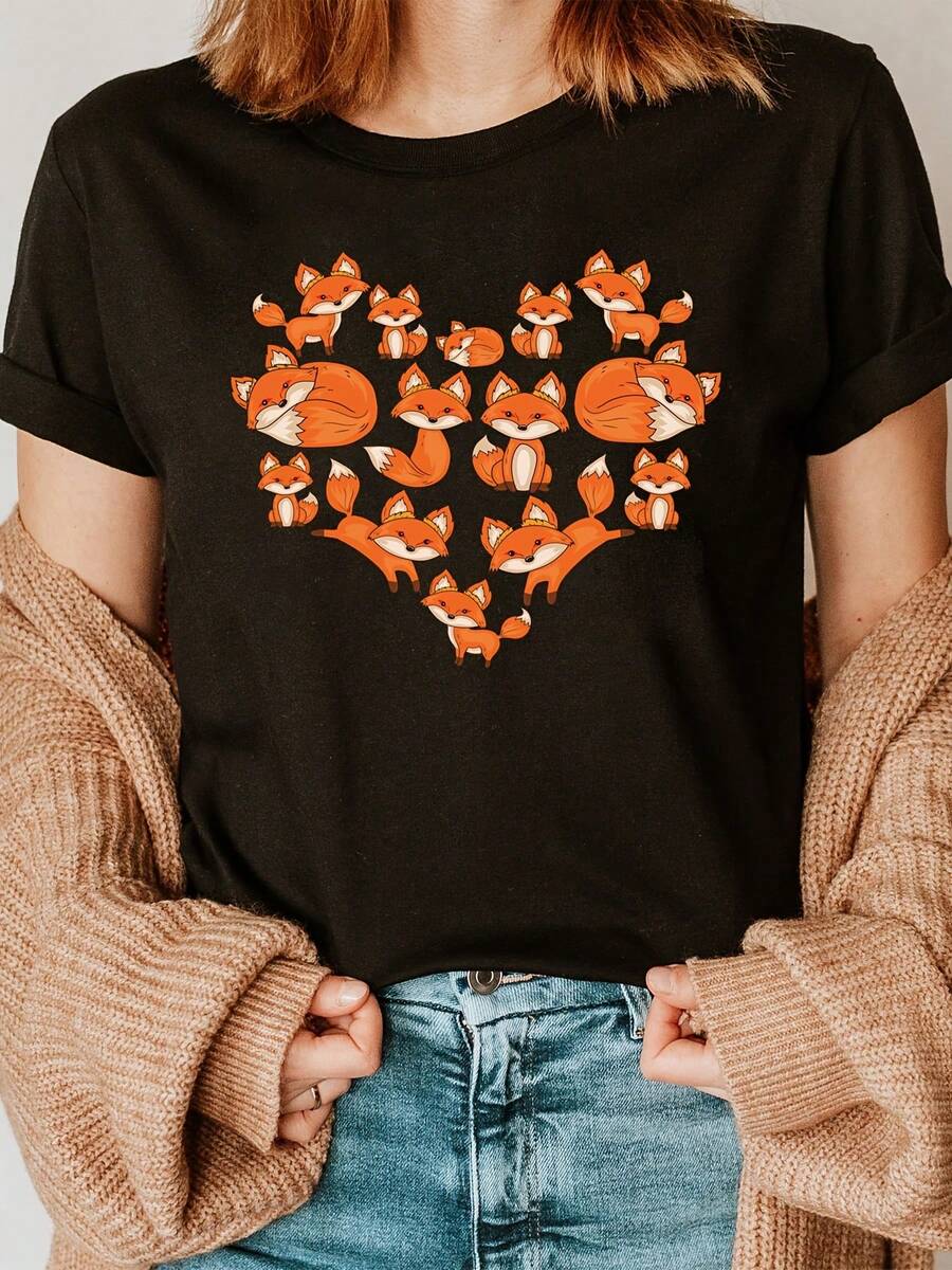 Camiseta Encantadora de Corazón de Zorro - Top Casual de Cuello Redondo y Manga Corta para Mujer, Transpirable y Lavable a Máquina para Primavera y Verano