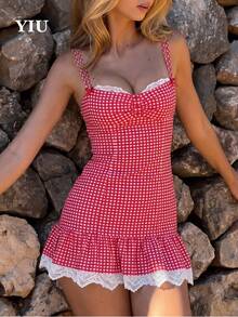 YIU Women's Red And White Plaid Lace Trim Cami Dress, Ruffle Mini Skirt Suitable For Beach Vacation, Sweet Style, New Spring/Summer Arrival - Red and White - View 2
