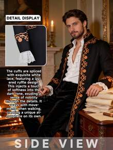 New Vintage Palace Style Jacket, Black Base With Striking Orange Vine Print, Stand Collar Design Showcases Noble Elegant. Cuffs Accented With White Lace Trim, Exquisite Details Highlight Luxury And Elegance. Eye-Catching Costume For Halloween, Masquerade Ball - Black - View 2