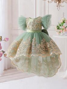 女嬰刺繡蝴蝶婚禮花童公主禮服附拖尾，適合派對與度假，布料花紋隨機裁剪，不含髮箍 - 綠色 - 查看 1