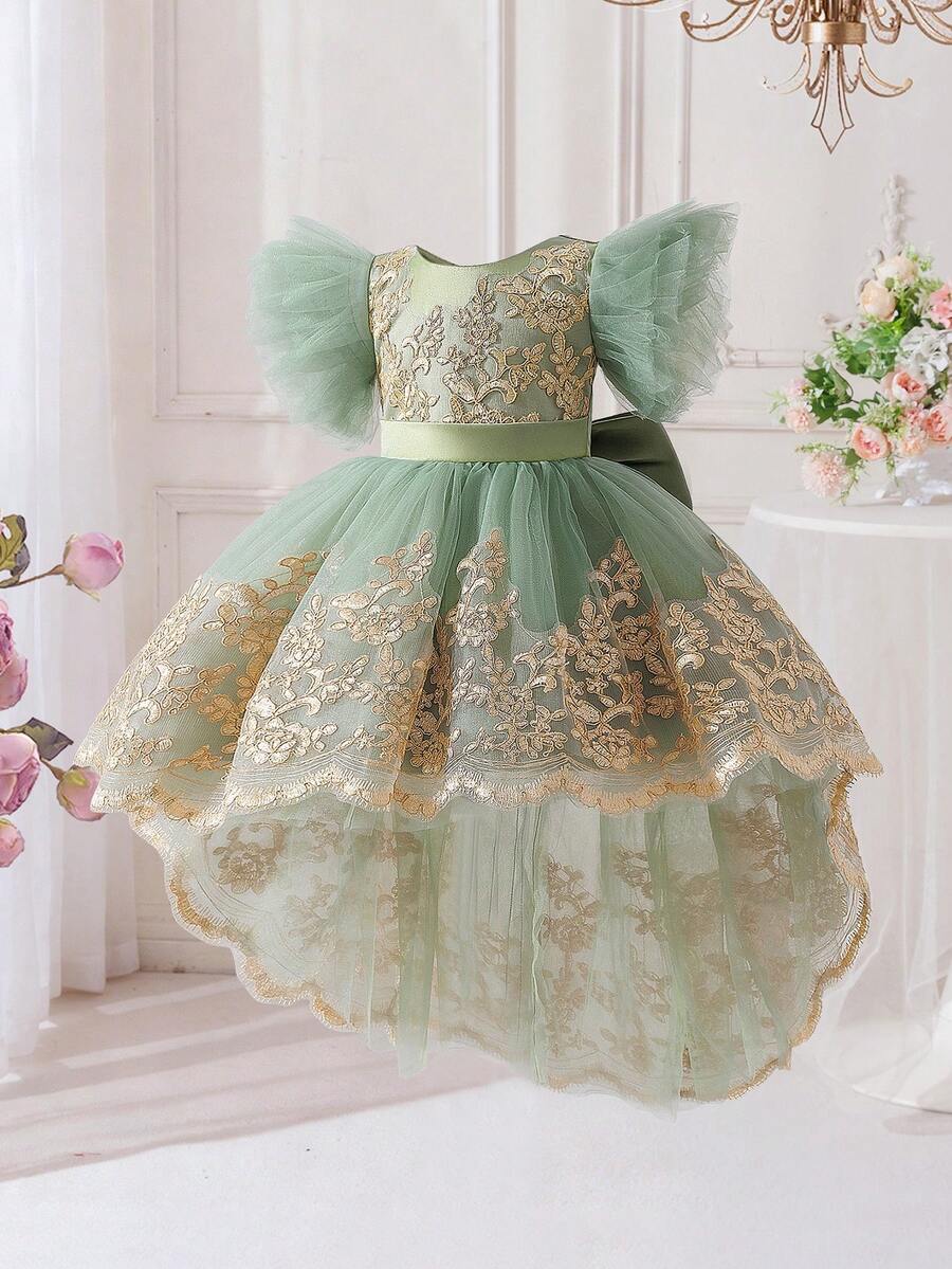 女嬰刺繡蝴蝶婚禮花童公主禮服附拖尾,適合派對與度假,布料花紋隨機裁剪,不含髮箍 - 綠色 - 查看 1