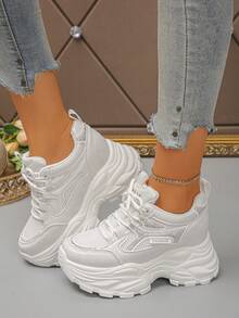 Women's Wedge Thick Sole Athletic Shoes Lace-Up Mesh Patchwork Chunky Sneakers Inner Height Increase Casual Shoes - White - View 5