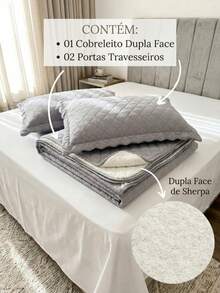 Single/Queen Double-Sided Bedspread Set With Sherpa Alaska 03 Pieces - Premium Soft Touch - CINZA - 查看 3