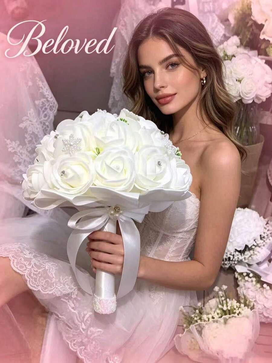 Luxury White Artificial Rose Bridal Bouquet, Crystal Decor Wedding Ceremony Photo Prop - 1PC - View 1