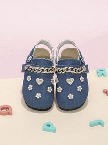 Zapatos tipo mule azules para niñas con cadena de strass y lazo de strass, hebilla decorativa 3D, espalda abierta y punta cerrada, adecuados para todas las estaciones - Azul - Ver 4
