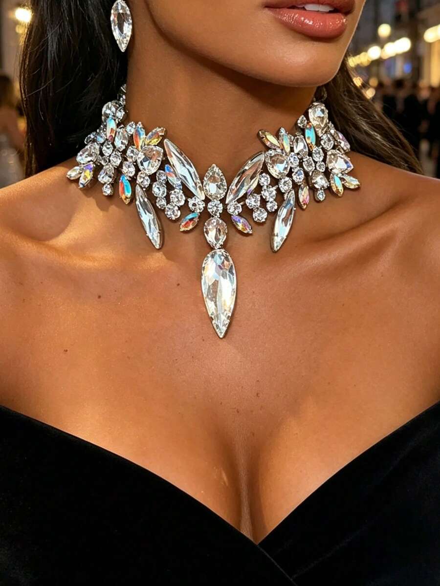 Multi-Layer Asymmetrical Rhinestone Necklace Bridal Wedding Jewelry Necklace Accessory - Silver AB - View 1