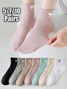 5/7/10 Pairs (Random Mixed) Women Colorful Cute Bow Sports Casual Personalized Mid-Calf Socks, Soft Breathable Socks Suitable For Summer & Autumn Daily Wear - Multicolor - View 1