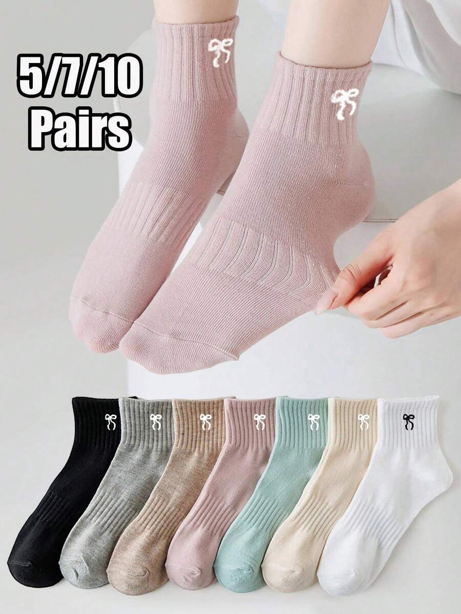 5/7/10 Pairs (Random Mixed) Women Colorful Cute Bow Sports Casual Personalized Mid-Calf Socks, Soft Breathable Socks Suitable For Summer & Autumn Daily Wear - Multicolor - View 1