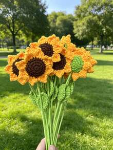 Tournesol au crochet fait main 1/5 pièces, fleur artificielle éternelle réaliste, cadeau parfait pour la fête des mères pour maman, anniversaire, remise de diplôme, mariage, décoration de fête, ornement pour le salon, la chambre, la salle à manger - Orange - Voir 2
