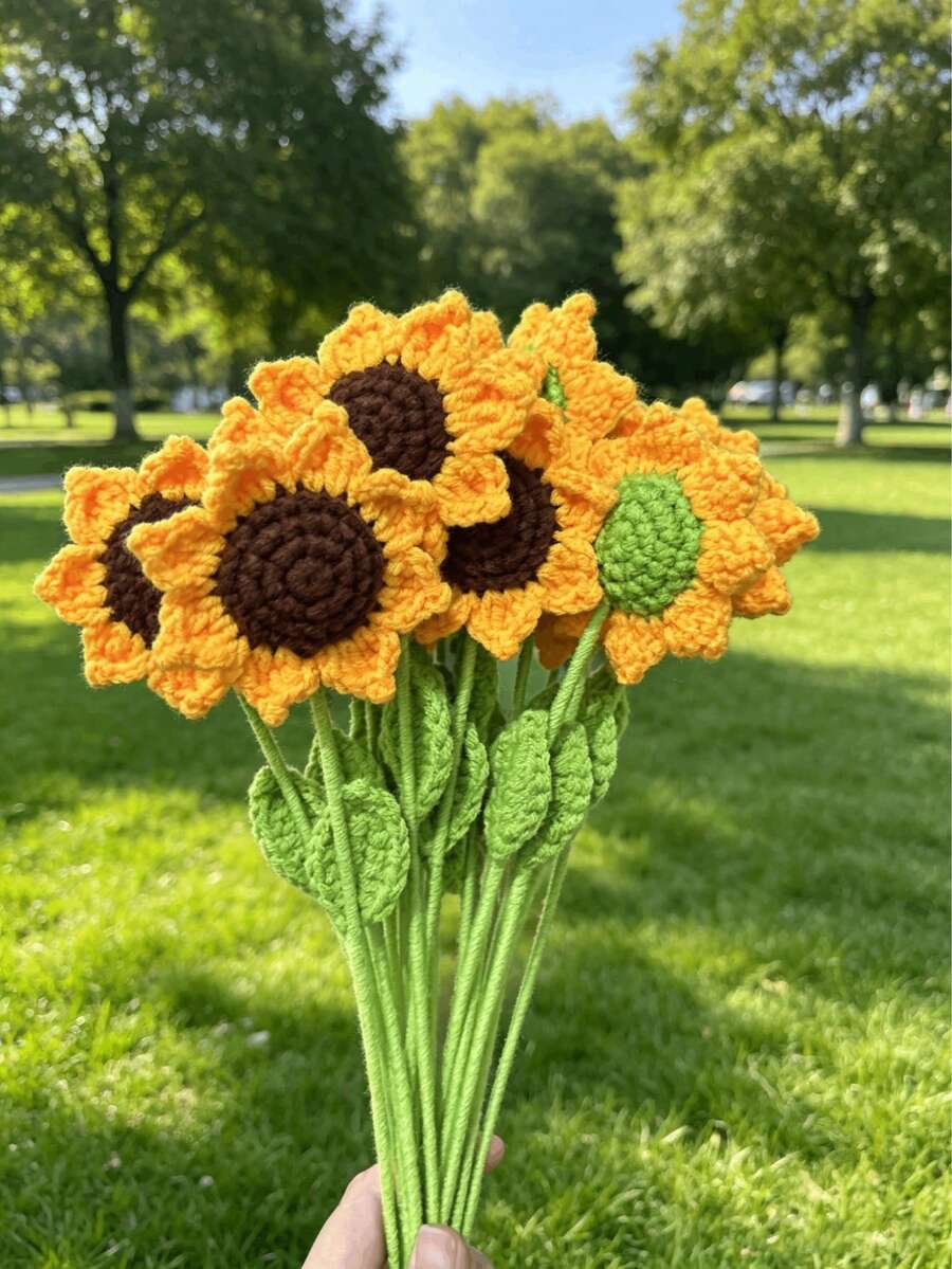 Tournesol au crochet fait main 1/5 pièces, fleur artificielle éternelle réaliste, cadeau parfait pour la fête des mères pour maman, anniversaire, remise de diplôme, mariage, décoration de fête, ornement pour le salon, la chambre, la salle à manger