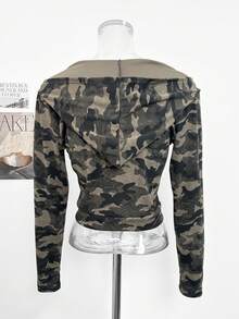 Vintage American Sweet & Cool Camouflage Two-Way Zipper Slimming Hooded Long Sleeve Jacket Top - Army Green - View 10