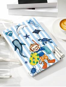 Blue Striped Patchwork Little Monkey, Ocean Pattern Tablet Protective Case, Tri-Fold Stand Protective Cover, Compatible With IPad 10.2 Inch Pro 2021/2020 9th/10th Gen/ (A16) 11 Inch 11th Gen 2025, Galaxy Tab A8 10.5 Inch 2022, Matepad 10.4/ Tab/, Anti-Drop, With Pen Slot, Supports Sleep/Wake, Gift For Kids / Gift For Family - Multicolor - View 5
