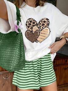 Western Leopard Print Glitter Stripe Hearts Graphic T-Shirt, 100% Cotton Oversized Soft Breathable Stylish Tee, Casual Crewneck Short Sleeve Top For Daily Wear & Country Style Lovers - 白色 - 查看 10