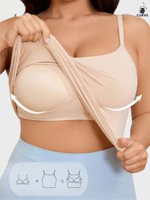 Plus Size Women Spaghetti Strap Tank Top With Built-In Bra Pads, One-Piece Padded Sleeveless Cami, Soft Stretch Invisible Daily Basic Camisole - Apricot - View 1