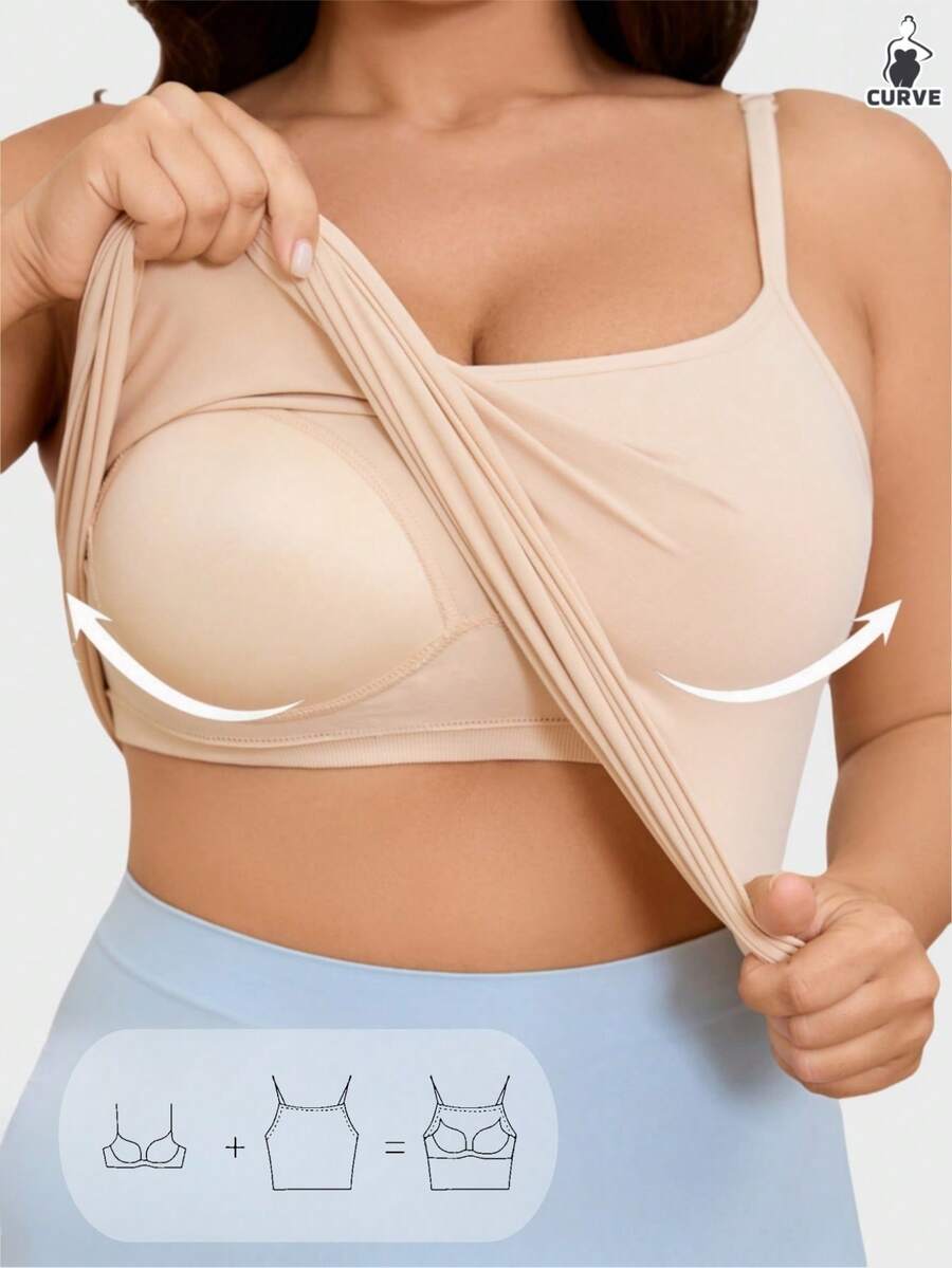 Plus Size Women Spaghetti Strap Tank Top With Built-In Bra Pads, One-Piece Padded Sleeveless Cami, Soft Stretch Invisible Daily Basic Camisole - Apricot - View 1