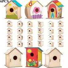 6pcs Natural Wood Bird Nest Decor, Smoothly Polished Easy Assembly, Unique Design Suitable For Garden Greenery Landscaping, Can Be Hung For Decoration With Hand-Painted Colors, Perfect For Gardening Scenery And Gift Giving - Multicolor - View 1