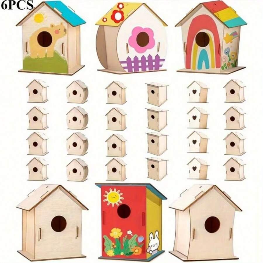 6pcs Natural Wood Bird Nest Decor, Smoothly Polished Easy Assembly, Unique Design Suitable For Garden Greenery Landscaping, Can Be Hung For Decoration With Hand-Painted Colors, Perfect For Gardening Scenery And Gift Giving - Multicolor - View 1