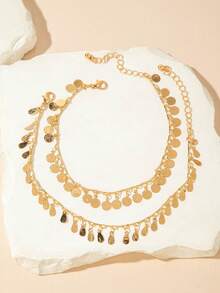 imoli 1 Set/Gold Minimalis Alloy Round Disc Water Drop Tassel Handmade Chain Double Layer Anklet Wanita Hadiah Kencan (Rantai Buatan Tangan Dipotong Sesuai Ukuran, Jumlah Rumbai Cakram Bulat Bervariasi) - 29120-ank-G-1 - View 5