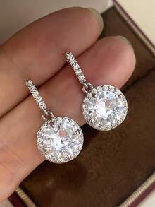 1 Pair French Style Personalized Elegant Luxurious High-End Full Rhinestone Artificial Zirconia Inlaid Geometric Niche Design Gorgeous Earrings Suitable For Women's Daily, Banquet, Ball, Wedding, Holiday Wear - Silver - View 4