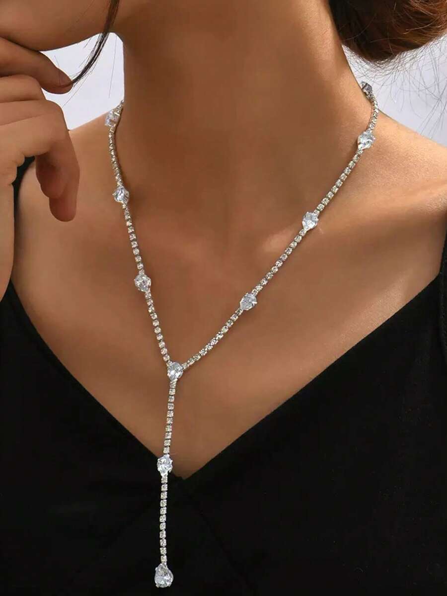 1pc Sparkling Rhinestone Necklace Choker, Bridal Wedding Party Dress Jewelry Accessory For Women - Silver - View 1