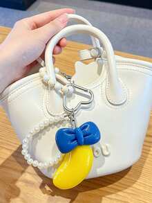 Unique & Interesting 3D Contrast Bow Pendant, Faux Pearl Chain Keychain, Fresh & Sweet Contrast Color Bow Packaging Accessory, Fashion 3D Design Heart Buckle With Pearl Chain Creative Bag Charm - Blue - View 2