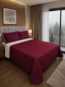 Single/Queen Double-Sided Bedspread Set With Sherpa Alaska 03 Pieces - Premium Soft Touch - 葡萄酒 - 查看 9