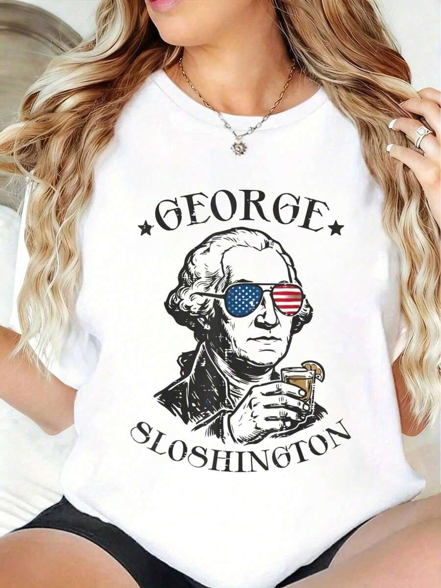 er, Camiseta Divertida de George Sloshington para el 4 de Julio para Hombre y Mujer, Camiseta de Manga Corta Suave para Mujer, Camiseta Elegante y Cómoda para Mujer, Camisetas con Estampados - Blanco - Ver 1