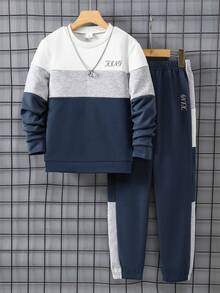 秋冬男童圓領橡膠印花長袖上衣與長褲2件套 - 藍色 - 查看 1
