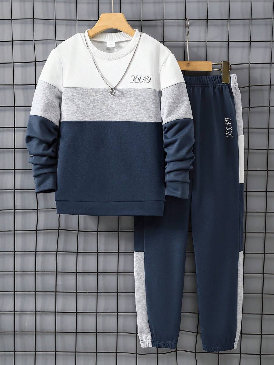 秋冬男童圓領橡膠印花長袖上衣與長褲2件套 - 藍色 - 查看 1