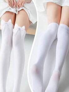 1 Pair Women's Over-The-Knee Socks, Velvet Material, Non-Slip Design, Satin Bow Decoration, Multiple Colors Available, Suitable For Parties And Gatherings, Great Gift, Y2K Style, Comfortable To Wear - Multicolor - View 2