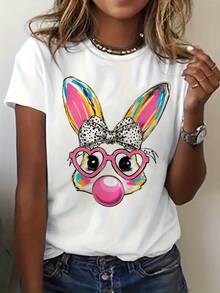 Camiseta de conejo pascuero soplando pompas para mujer - Top casual de manga corta y cuello redondo con diseño de conejo soplando, - Blanco - Ver 2