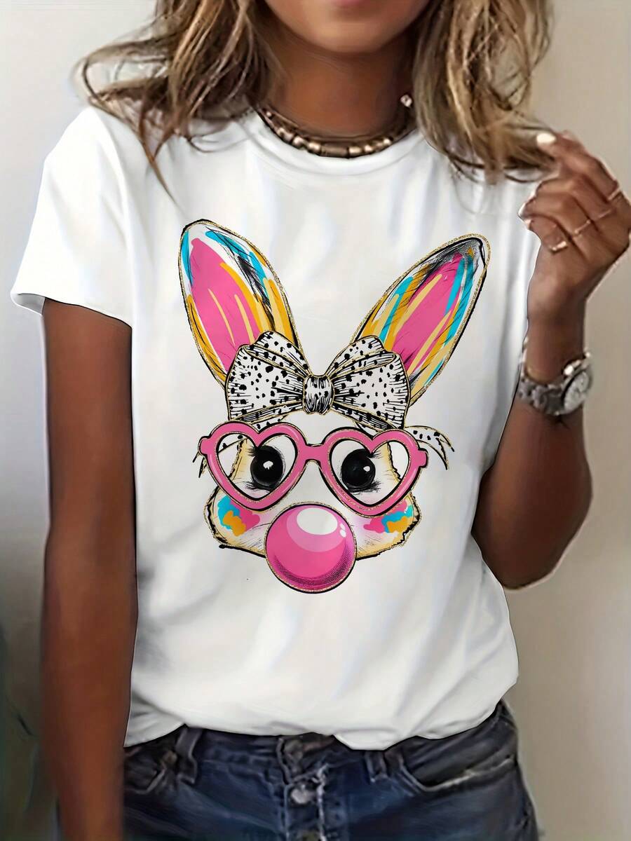 Camiseta de conejo pascuero soplando pompas para mujer - Top casual de manga corta y cuello redondo con diseño de conejo soplando,