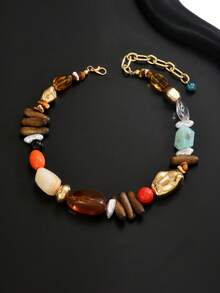Niche Vintage Mixed Color Asymmetric Agate Resin Wood Bead Bracelet, Pastoral Vacation Style Versatile Necklace Accessory - Multicolor CCB - View 3