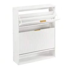 Zapatero de 80 x 24 cm con frontal ranurado, altura regulable con dispositivo antivuelco y mesa auxiliar decorativa para la entrada, en color blanco. - Blanco - Ver 8