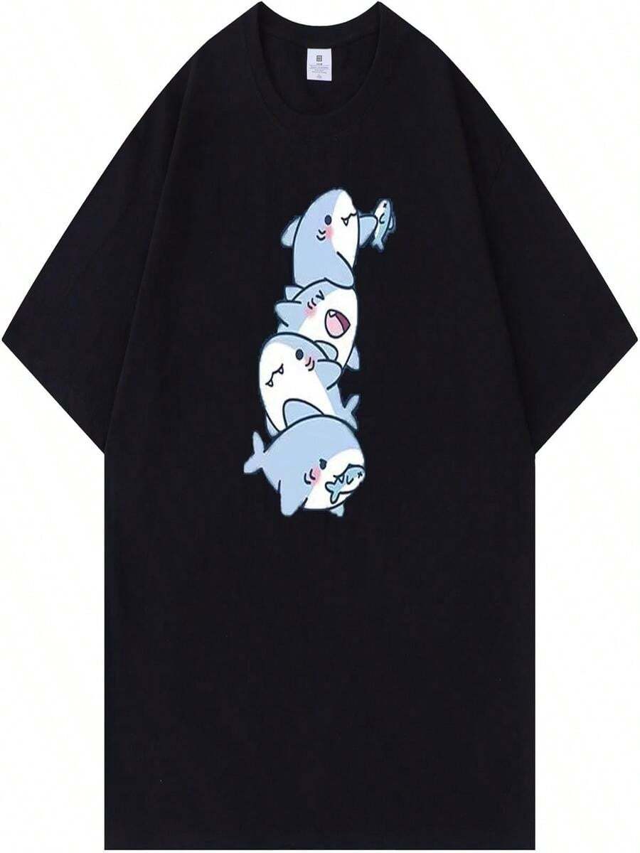 Algodón Estilo Suelto, Lindo Estilo Peque?o Tiburón Impresión Camisetas, para S-3XL Black L - Negro - Ver 1