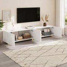 Modern Low TV Stand With Embossed Moldings, 4 Doors, Metal Legs - 白色 - 查看 8