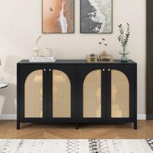 Modern Minimalist Sideboard With 4 Rattan Doors And Metal Handles; Simple Storage Unit For Dining Room, Living Room Or Kitchen (White) - 黑色 - 查看 4