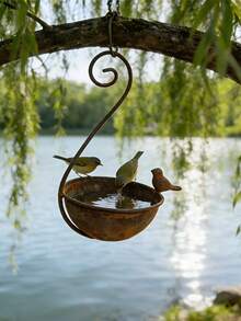 Vintage Distressed Iron Hanging Bird Feeder, Outdoor Garden Yard Bird Water Bowl Bird Bath, Hanging Bird Feeder, Vintage Iron Bird Water Bowl, Attract Wild Birds Yard Decor - A - View 2