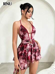 Women's New Elegant Sexy Metal Button Decor Party Dress, Vintage Style Irregular Pattern Vacation Outfit, Suitable For Beach, Commuting And Afternoon Tea With Friends; Made Of Advanced High Elasticity Fabric, Mini Fit, Slim Lines, A-Line Skirt, Sleeveless Design, Asymmetric Hem, Showcasing Fashion Charm - Multicolor - View 4