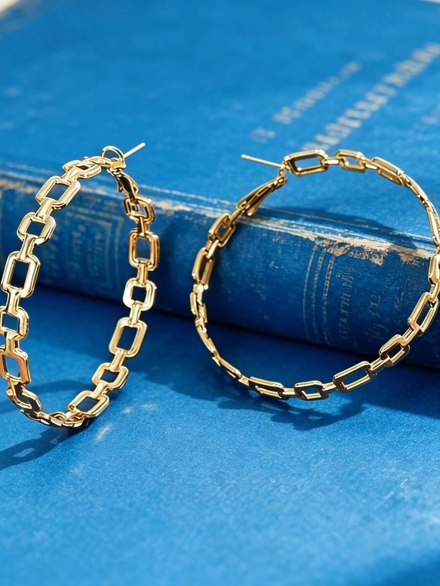 1 Pair Gold Tone Rectangle Chain Link Drop Hoop Earrings, Minimalist Hollow Square Link Dangle Earrings For Women Daily Office. No Box. - Gold - View 1