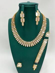 4pcs/Set Luxury Jewelry Set Necklace Bracelet Earrings Ring, Dubai Middle East Saudi Arabia Popular Round Gold Shell Cute Sweet Gorgeous Elegant White Shell Micro-Inlaid Zirconia Jewelry Set, Daily Wear, One Size, Flower Design, Gift For Girlfriend/Friend - Four-piece Set 1 - View 10