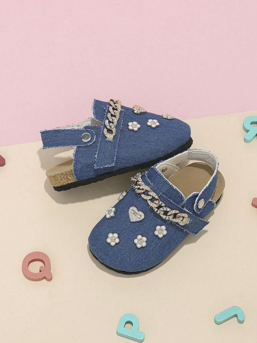 Zapatos tipo mule azules para niñas con cadena de strass y lazo de strass, hebilla decorativa 3D, espalda abierta y punta cerrada, adecuados para todas las estaciones - Azul - Ver 1