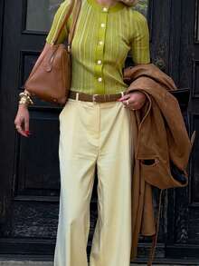 Cardigan Rajut Lengan Pendek Leher Bulat Motif Garis-garis Colorblock Y2K untuk Wanita, Cardigan Kasual Elegan untuk Perjalanan Sehari-hari ke Kantor/Kampus, Musim Semi/Panas - Mustard Yellow - View 6