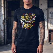 Graphic Design With Colorful Letters And Symbols Including Words Like Freedom King And Numbers. Slim-Fit Urban And Casual Men's T-Shirt. - Black - View 1