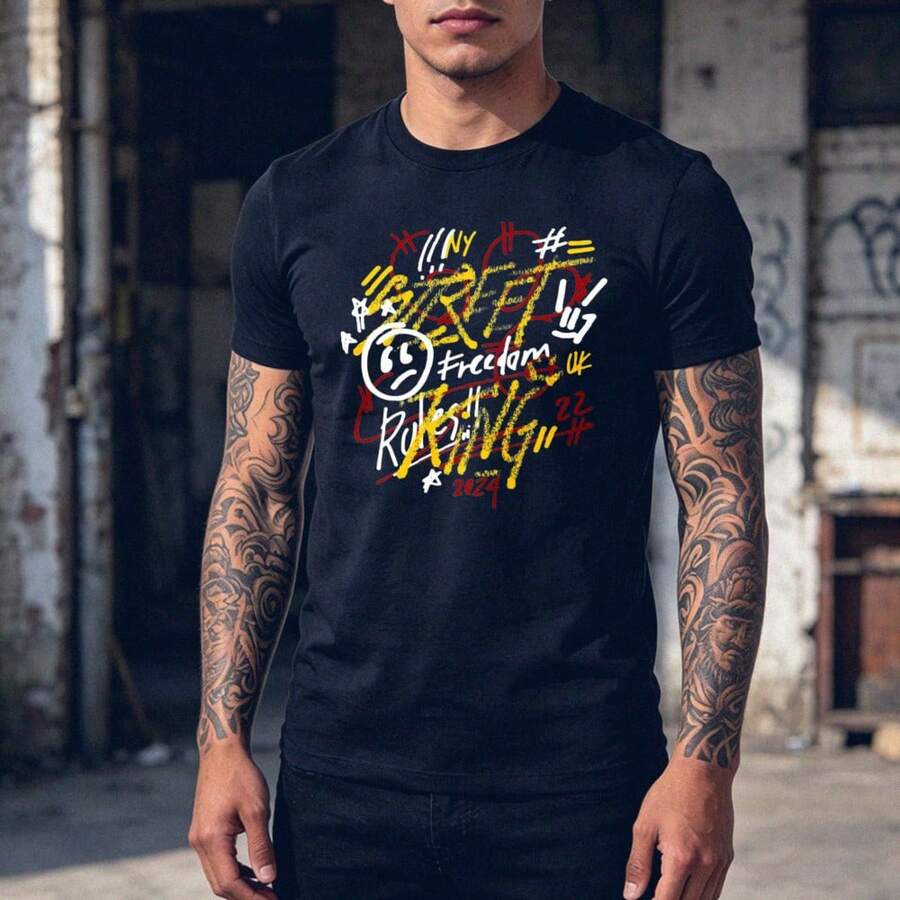Graphic Design With Colorful Letters And Symbols Including Words Like Freedom King And Numbers. Slim-Fit Urban And Casual Men's T-Shirt. - Black - View 1