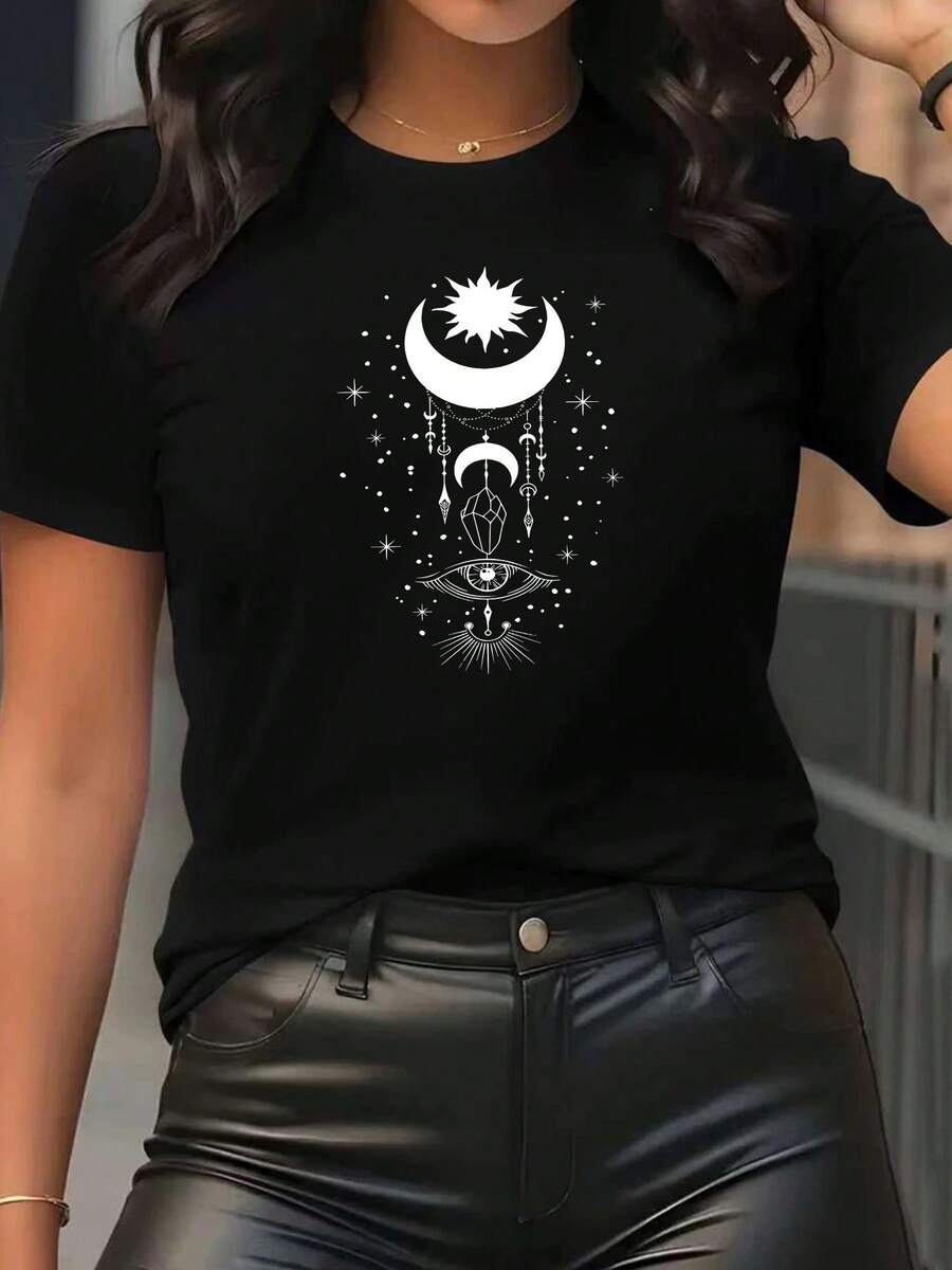 Camiseta de manga corta para mujer con estrella misteriosa y estampado - Estilo deportivo e informal, suave transpirable, 95% fibra diseño estampado, moda