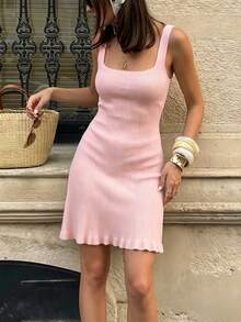 1 pieza Vestido de punto de verano para mujer con cuello cuadrado y ajustado, diseño de volante en el bajo, vestido elegante adecuado para verano, vacaciones, playa, calle, diario, fiesta, oficina, salida, Día de San Valentín, color rosa - Rosa - Ver 3