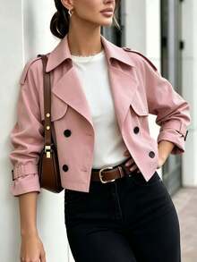 Women's Pink Long Sleeve Trench Coat With Collar And Buttons, Regular Fit Woven Fabric, Perfect For Fall - Pink - View 2