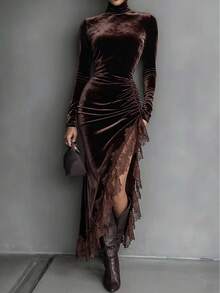 Women's Vintage Sexy Lace Patchwork High Neck Long Sleeve Asymmetrical Ruched Slim Fit Velvet Dress Solid Color Party Nightclub Daily Date Autumn Winter - Coffee Brown - View 2